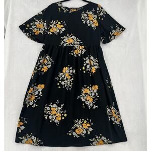 ZARA Floral Lace Up Back Babydoll Midi Stretch Dress Short Sleeve L Black Orange